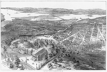 Balloon view of Washington, D.C., Harper's Weekly, July 27, 1861, p. 476. Library of Congress Prints and Photographs Division, LC-USZ62-71022. Smithsonian Institution Building can be seen at the top center east of the Potomac River and Virginia,  Washington Canal visible, proceeding from the Potomac River due east and then southeast. Balloon view of Washington, D.C., Harper's Weekly, July 27, 1861, p. 476. Library of Congress Prints and Photographs Division, LC-USZ62-71022. Smithsonian Institution Building can be seen at the top center east of the Potomac River and Virginia,  Washington Canal visible, proceeding from the Potomac River due east and then southeast.