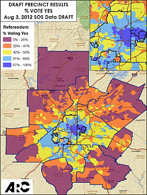 Percent of "Yes" vote in T-SPLOST referendum by precinct. August 2012, Atlanta Regional Commission. Percent of "Yes" vote in T-SPLOST referendum by precinct, August 2012, Atlanta Regional Commission.
