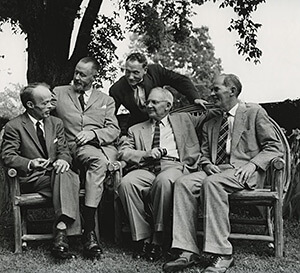 Photograph of the Fugitive Poets. From left to right: Allen Tate, Merrill Moore, Robert Penn Warren, John Crowe Ransom, and Donald Davidson, May 4, 1956. Vanderbilt University Special Collections and University Archives.  Photograph of the Fugitive Poets. From left to right: Allen Tate, Merrill Moore, Robert Penn Warren, John Crowe Ransom, and Donald Davidson, May 4, 1956. Vanderbilt University Special Collections and University Archives.