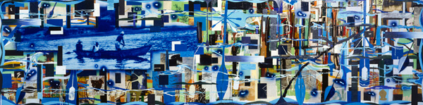 Radcliffe Bailey, Uprooted, 2002. Mixed media on wood panel, 60-1/4 x 238-1/4 x 3-5/8 inches. The Museum of Fine Arts, Houston. Gift of Gerald B. Smith with additional funds given at "One Great Night in November, 2002" in honor of Harvey Padewer.  Radcliffe Bailey, Uprooted, 2002. Mixed media on wood panel, 60-1/4 x 238-1/4 x 3-5/8 inches. The Museum of Fine Arts, Houston. Gift of Gerald B. Smith with additional funds given at "One Great Night in November, 2002" in honor of Harvey Padewer.