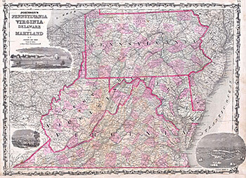 Alvin Jewett Johnson, "Johnson's Map of Pennsylvania, Virginia, Delaware and Maryland, 1863," from Johnson's New Illustrated (Steel Plate) Family Atlas with Descriptions, Geographical, Statistical, and Historical (A. J. Johnson & Ward edition, 1863).  Alvin Jewett Johnson, "Johnson's Map of Pennsylvania, Virginia, Delaware and Maryland, 1863," from Johnson's New Illustrated (Steel Plate) Family Atlas with Descriptions, Geographical, Statistical, and Historical (A. J. Johnson & Ward edition, 1863).