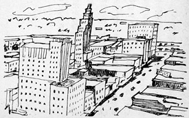 Yoshio Koya, Drawing of Downtown Jackson, Mississippi, in Tengoku Amerika, Jigoku Amerika, 82. Yoshio Koya, Drawing of Downtown Jackson, Mississippi, in Tengoku Amerika, Jigoku Amerika, 82.