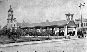 Figure 4. Appearance of rebuilt market after 1887 fire, Public Market in the Plaza de la Constitución, St. Augustine, Florida, 1893. Photonegative of a cyanotype. Courtesy of the State Archives of Florida.  Figure 4. Appearance of rebuilt market after 1887 fire, Public Market in the Plaza de la Constitución, St. Augustine, Florida, 1893. Photonegative of a cyanotype. Courtesy of the State Archives of Florida.