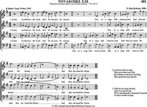 Music for "Novakoski," composed by P. Dan Brittain in 1989, (p. 481 in The Sacred  Harp). Used by permission of the Sacred Harp Publishing Company. Music for "Novakoski," composed by P. Dan Brittain in 1989, (p. 481 in The Sacred  Harp). Used by permission of the Sacred Harp Publishing Company.