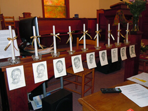Tom Reidy, Pam Farmer's sketches of the nine Scottsboro defendants, Scottsboro, Alabama, 2011. Tom Reidy, Pam Farmer's sketches of the nine Scottsboro defendants, Scottsboro, Alabama, 2011.