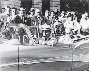 Alfredo G. Garza, LULAC national president Felix Tijerina (in backseat) with Senator Lyndon B. Johnson, accompanied by Officer Jose Davila and Alfredo Garza, in a 1958 LULAC parade in Laredo, Texas, LBJ Library. From Fighting Their Own Battles: Mexican Americans, African Americans, and the Struggle for Civil Rights in Texas by Brian D. Behnken. Copyright © 2011 by the University of North Carolina Press. Used by permission of the publisher. Alfredo G. Garza, LULAC national president Felix Tijerina (in backseat) with Senator Lyndon B. Johnson, accompanied by Officer Jose Davila and Alfredo Garza, in a 1958 LULAC parade in Laredo, Texas, LBJ Library. From Fighting Their Own Battles: Mexican Americans, African Americans, and the Struggle for Civil Rights in Texas by Brian D. Behnken. Copyright © 2011 by the University of North Carolina Press. Used by permission of the publisher.