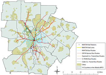 Transit providers and routes in the Atlanta MPO area, 2009, Plan 2040, Appendix T-2, Atlanta Regional Commission. Transit providers and routes in the Atlanta MPO area, 2009, Plan 2040, Appendix T-2, Atlanta Regional Commission.