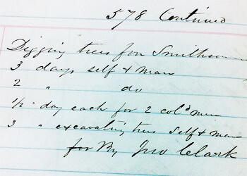 Ledger entry for January 15, 1850.  On January 15, 1850, the white gardener and florist John Howlett was compensated for the labor (one half day each) of "two colored men", at a total of one dollar,  working on the Smithsonian grounds. Smithsonian Institution Day Book, 1846-1856, p. 578. Courtesy Smithsonian Institution Archives. Ledger entry for January 15, 1850.  On January 15, 1850, the white gardener and florist John  Howlett was compensated for the labor (one half day each) of "two colored men", at a total of one dollar,  working on the Smithsonian grounds. Smithsonian Institution Day Book, 1846-1856, p. 578. Courtesy Smithsonian Institution Archives.