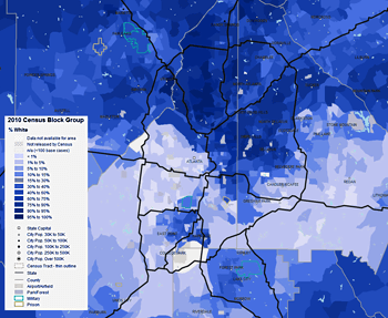 Percentage of metro Atlanta white residents by 2010 census block group, 2013. Data from Social Explorer. Percentage of metro Atlanta white residents by 2010 census block group, 2013. Data from Social Explorer.