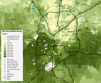 Percentage of metro Atlanta black residents by 2010 census block group, 2013. Data from Social Explorer. Percentage of metro Atlanta black residents by 2010 census block group, 2013. Data from Social Explorer.