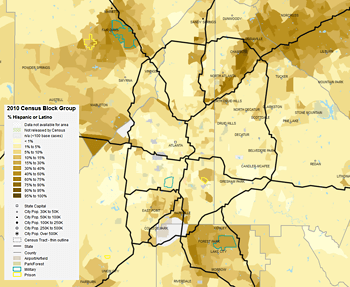 Percentage of metro Atlanta Hispanic or Latino residents by 2010 census block group, 2013. Data from Social Explorer. Percentage of metro Atlanta Hispanic or Latino residents by 2010 census block group, 2013. Data from Social Explorer.