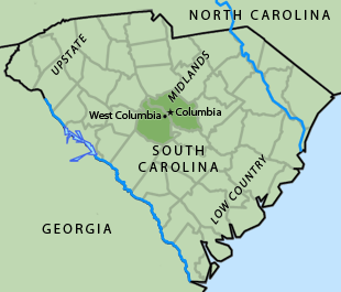 Map showing the Midlands of South Carolina, 2012. Columbia, the state capital, and West Columbia are in the Midlands region of the state.  Map showing the Midlands of South Carolina, 2012. Columbia, the state capital, and West Columbia are in the Midlands region of the state.