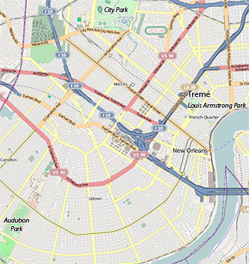 New Orlean map showing Louis Armstrong Park in Tremé, City Park, and Audubon Park.  ©OpenStreetMap contributors, CC-BY-SA New Orlean map showing Louis Armstrong Park in Tremé, City Park, and Audubon Park.  ©OpenStreetMap contributors, CC-BY-SA.