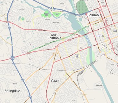 Map of Columbia, West Columbia, Cayce, and Springdale, South Carolina, 2012. ©OpenStreetMap contributors, CC-BY-SA. Map of Columbia, West Columbia, Cayce, and Springdale, South Carolina, 2012. ©OpenStreetMap contributors, CC-BY-SA.