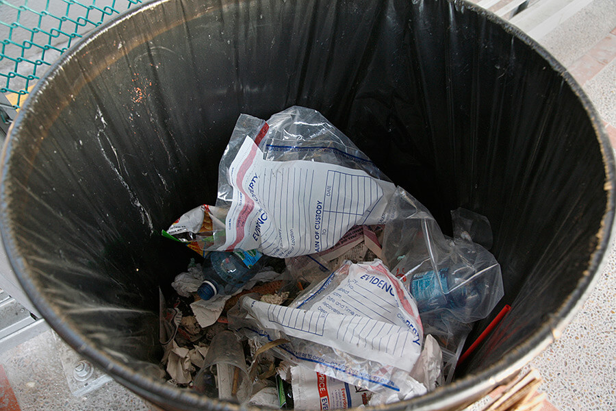 Susan Harbage Page, Garbage can with evidence bags, Matamoros, Mexico, 2010. Susan Harbage Page, Garbage can with evidence bags, Matamoros, Mexico, 2010.