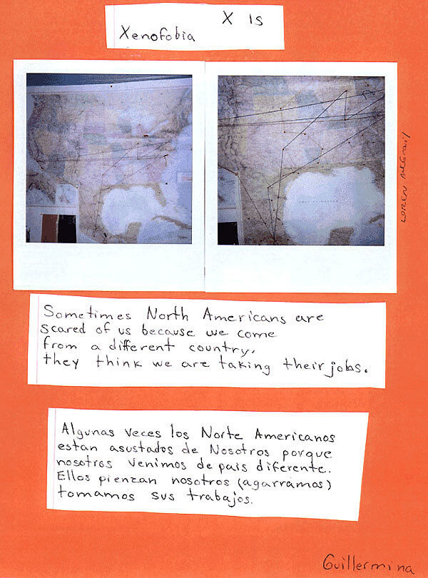 Susan Harbage Page, Map and page from Alphabet Book tracking the journeys of adult ESL students into the United States, Durham, North Carolina, 2001. Susan Harbage Page, Map and page from Alphabet Book tracking the journeys of adult ESL students into the United States, Durham, North Carolina, 2001.