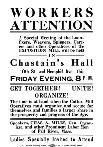 Flyer announcing a strike meeting to occur at Chastain's Hall, 10th Street and Hemphill Avenue, Atlanta, Georgia, 1914. Courtesy of Georgia Tech Archives and Records Management, Fulton Bag and Cotton Mills Digital Collection.  Flyer announcing a strike meeting to occur at Chastain's Hall, 10th Street and Hemphill Avenue, Atlanta, Georgia, 1914. Courtesy of Georgia Tech Archives and Records Management, Fulton Bag and Cotton Mills Digital Collection.
