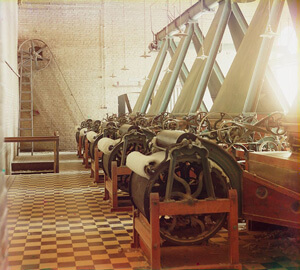 Sergey Mikhaylovich Prokudin-Gorskii, Cotton textile mill interior with machines producing cotton thread, Tashkent, Uzbekistan, c. 1905–1915. Courtesy Library of Congress, Prokudin-Gorskii Collection. Sergey Mikhaylovich Prokudin-Gorskii, Cotton textile mill interior with machines producing cotton thread, Tashkent, Uzbekistan, c. 1905–1915. Courtesy Library of Congress, Prokudin-Gorskii Collection.