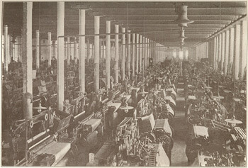 Weaving room in a cotton mill, Columbus, Georgia, from The South and the Building of the Nation, Volume VI: Southern Economic History, The Southern Historical Publication Society, 1909. Weaving room in a cotton mill, Columbus, Georgia, from The South and the Building of the Nation, Volume VI: Southern Economic History, The Southern Historical Publication Society, 1909.