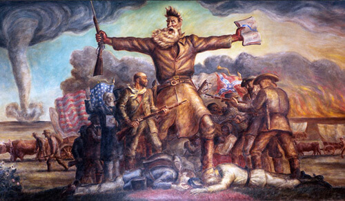 John Steuart Curry's 1941 mural, Tragic Prelude, embodies the Free State narrative.  At thirty-one feet by eleven-and-a-half feet, it hangs in east wing of the Kansas State Capitol, image courtesy of Digital History. John Steuart Curry's 1941 mural, Tragic Prelude, embodies the Free State narrative.  At thirty-one feet by eleven-and-a-half feet, it hangs in east wing of the Kansas State Capitol, image courtesy of Digital History.