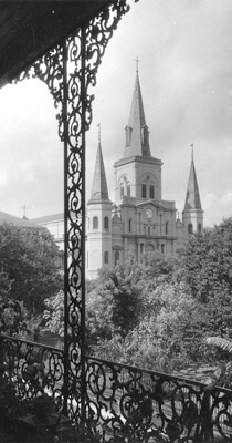St. Louis Cathedral, Seen from the Pontalba Apartments, from the WPA Guide to New Orleans. St. Louis Cathedral, Seen from the Pontalba Apartments, from the WPA Guide to New Orleans.