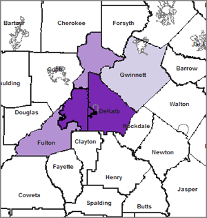 Map 2.  Latino Isolation In Metro-Atlanta: Percentage of Latino Students in Predominately Minority High Schools by District, 1994/1995 Map 2.  Latino Isolation In Metro-Atlanta: Percentage of Latino Students in Predominately Minority High Schools by District, 1994/1995