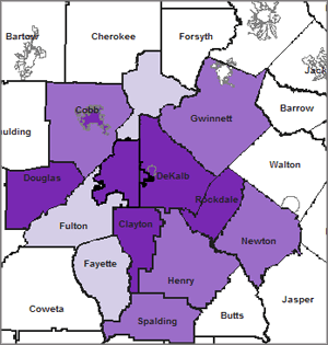 Map 2.  Latino Isolation In Metro-Atlanta: Percentage of Latino Students in Predominately Minority High Schools by District, 2007/2008 Map 2.  Latino Isolation In Metro-Atlanta: Percentage of Latino Students in Predominately Minority High Schools by District, 2007/2008