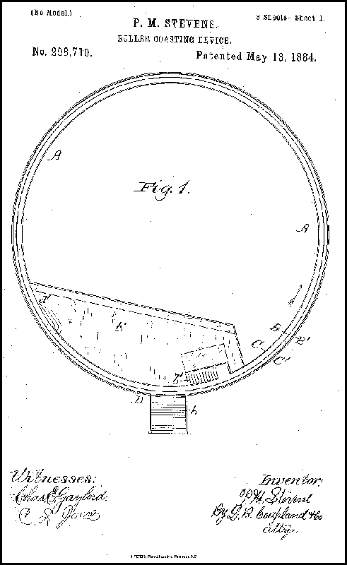 P.M. Stevens, Roller Coasting Device (U.S. Patent 298,710; May 18,1884) P.M. Stevens, Roller Coasting Device (U.S. Patent 298,710; May 18,1884)