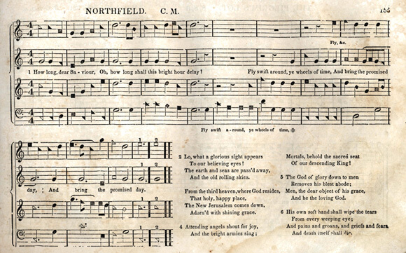 A page from the 1850 edition of B. F. White's and E. J. King's The Sacred Harp. The title, "Northfield," refers to the tune on which the arrangement is based and not to the lyrics of the hymn. Image courtesy of Emory University Pitts Theology Library. A page from the 1850 edition of B. F. White's and E. J. King's The Sacred Harp. The title, "Northfield," refers to the tune on which the arrangement is based and not to the lyrics of the hymn. Image courtesy of Emory University Pitts Theology Library.