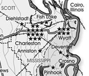 Bruce Moses, Map of STFU and NAACP group sites in the Missouri Bootheel by late 1937, 2009.  Bruce Moses, Map of STFU and NAACP group sites in the Missouri Bootheel by late 1937, 2009.