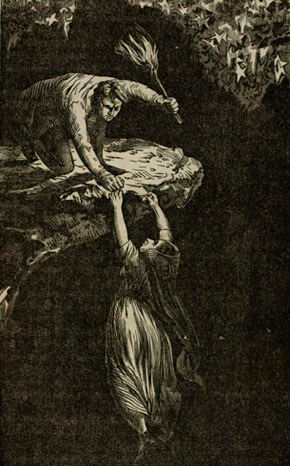 E. Elmer Barclay, Esther's leap into The Bottomless Pit, from Startling Disclosures! Mysteries Solved! On the History of Ester Livingstone, and Dark Career of Henry Baldwin, 1853.  E. Elmer Barclay, Esther's leap into The Bottomless Pit, from Startling Disclosures! Mysteries Solved! On the History of Ester Livingstone, and Dark Career of Henry Baldwin, 1853.