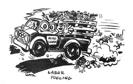 Kerry Soper, Labor Pooling, Southern Changes Vol. 18, No. 2, Summer 1996, pg. 12.  This cartoon critiques the issue of temporary workers brought in to construct and staff the Olympic Village and sporting centers then laid off after the Games' close. From S Zebulon Baker's Whatwuzit?: The 1996 Atlanta Summer Olympics Reconsidered. Kerry Soper, Labor Pooling, Southern Changes Vol. 18, No. 2, Summer 1996, pg. 12.  This cartoon critiques the issue of temporary workers brought in to construct and staff the Olympic Village and sporting centers then laid off after the Games' close. From S Zebulon Baker's Whatwuzit?: The 1996 Atlanta Summer Olympics Reconsidered.