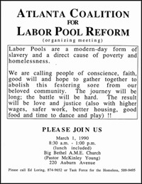 Labor pool reform meeting flyer. Atlanta, Georgia.  Flyer from Ed Loring's files, Open Door Community, Atlanta, Georgia. Labor pool reform meeting flyer. Atlanta, Georgia.  Flyer from Ed Loring's files, Open Door Community, Atlanta, Georgia.