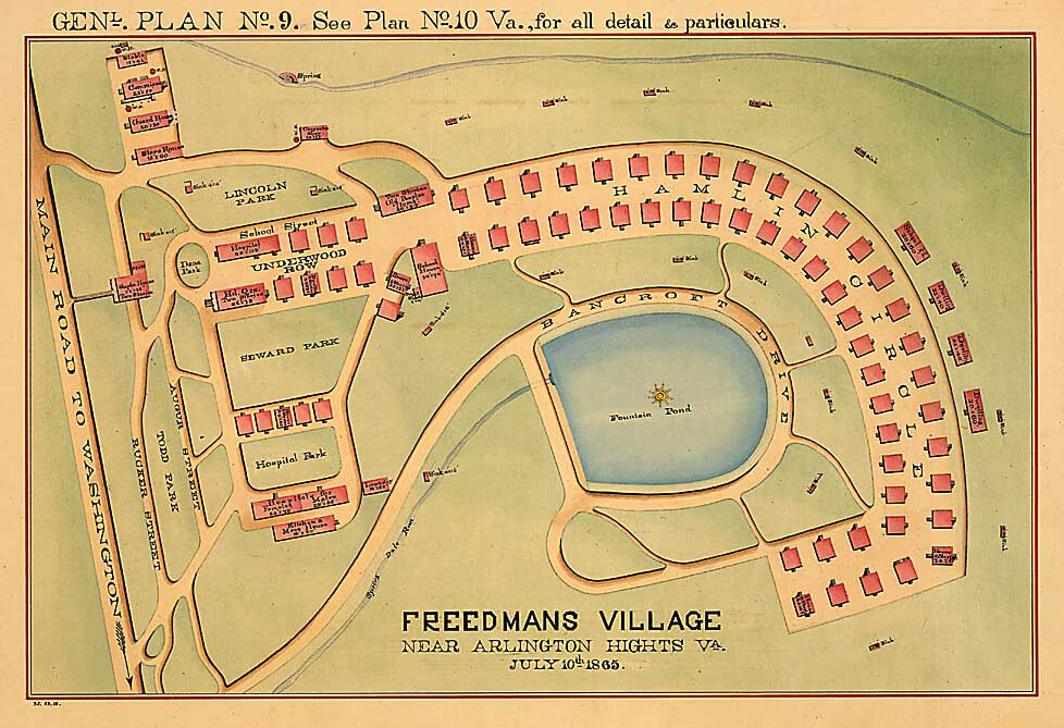 Freedmans Village near Arlington Hights, Virginia, July 10, 1865. Map by War Department, Office of the Quartermaster General. Courtesy of National Archives. Freedmans Village near Arlington Hights, Virginia, July 10, 1865. Map by War Department, Office of the Quartermaster General. Courtesy of National Archives.