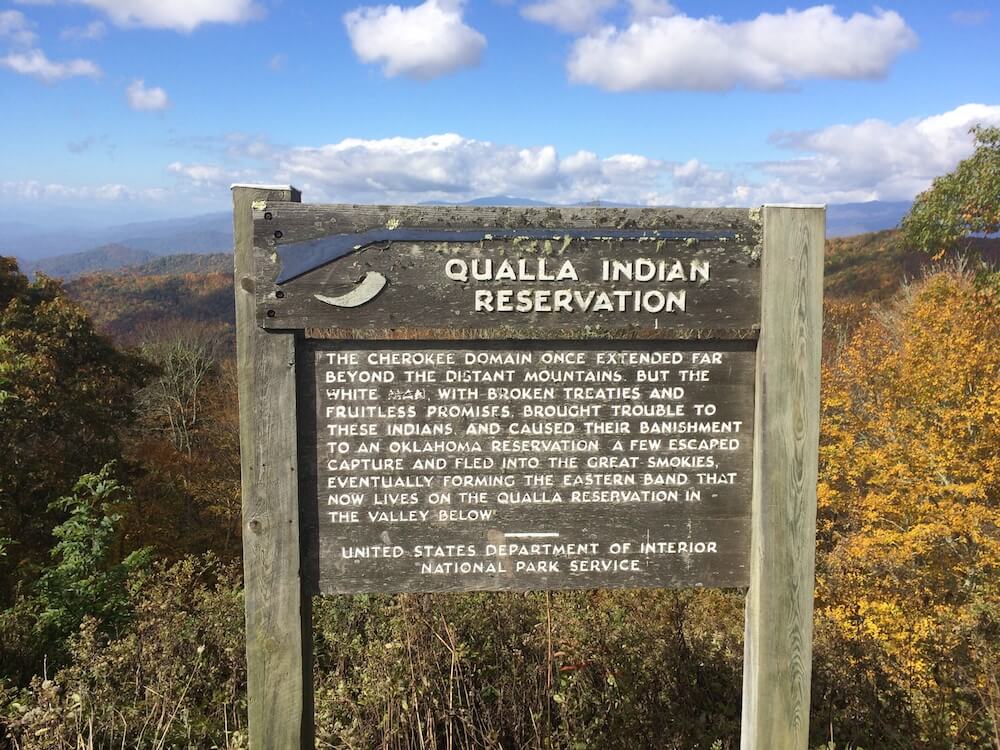 Qualla Indian Reservation Marker, near Qualla in Haywood County, North Carolina, October 19, 2016. Photograph by Mark Hilton. Courtesy of the Historical Marker Database. Qualla Indian Reservation Marker, near Qualla in Haywood County, North Carolina, October 19, 2016. Photograph by Mark Hilton. Courtesy of the Historical Marker Database.