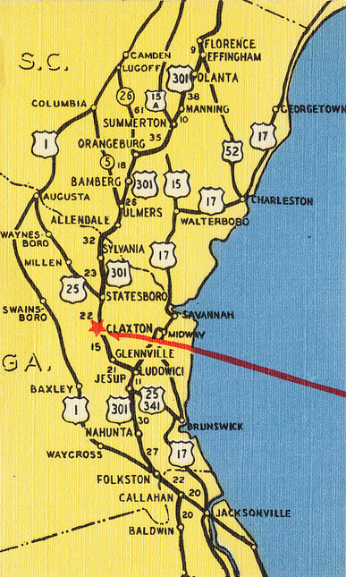 Detail of postcard showing the location of Claxton, Georgia. Image by Flickr user Boston Public Library. Creative Commons license CC BY 2.0. Detail of postcard showing the location of Claxton, Georgia. Image by Flickr user Boston Public Library. Creative Commons license CC BY 2.0.