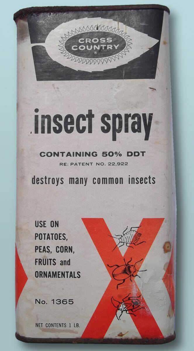 50% Dichloro Diphenyl Trichloroethane (DDT) insecticide powder container, ca. 1960. Courtesy of Wikimedia Commons. Image is in public domain. 50% Dichloro Diphenyl Trichloroethane (DDT) insecticide powder container, ca. 1960. Courtesy of Wikimedia Commons. Image is in public domain.