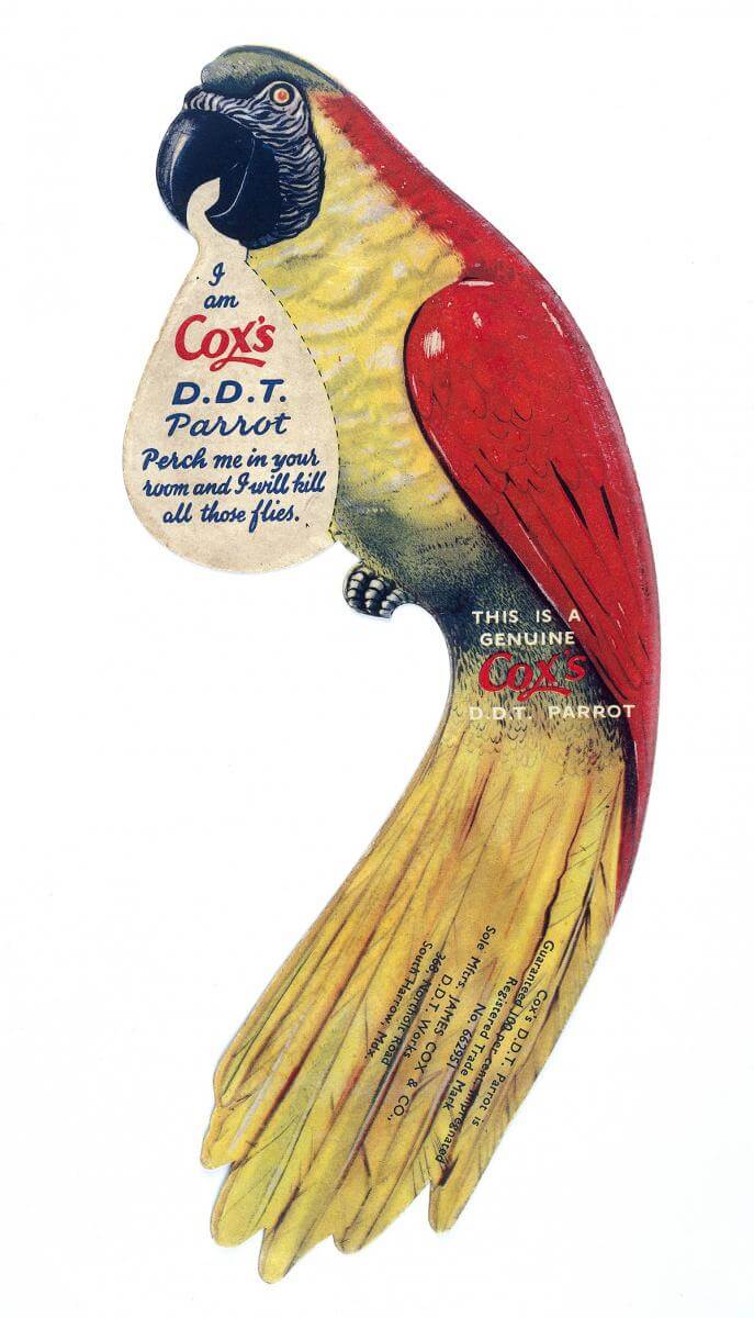 Cox's DDT Parrot, ca. 1940. Courtesy of Wikimedia Commons. Creative Commons license CC BY 4.0. Cox's DDT Parrot, ca. 1940. Courtesy of Wikimedia Commons. Creative Commons license CC BY 4.0.