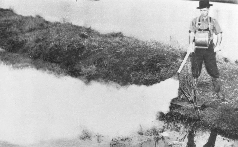Council Worker spraying for mosquitos, Brisbane, 1949. Courtesy of State Library of Queensland and Wikimedia Commons. Creative Commons license CC BY-SA 2.5. Council Worker spraying for mosquitoes, Brisbane, 1949. Courtesy of State Library of Queensland and Wikimedia Commons. Creative Commons license CC BY-SA 2.5.