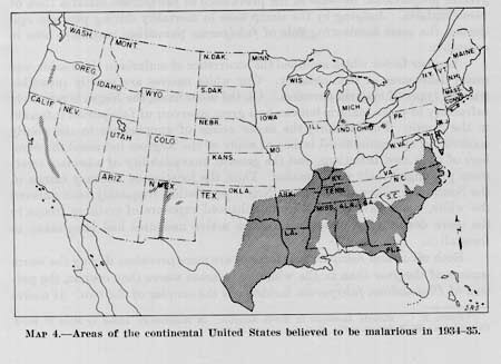 Areas of the continental United States believed to be malarious in 1934–1935. Map courtesy of Medical Department, United States Army, Preventative Medicine in World War II, Volume VI, Communicable Diseases, Malaria report, 1963. Areas of the continental United States believed to be malarious in 1934–1935. Map courtesy of Medical Department, United States Army, Preventative Medicine in World War II, Volume VI, Communicable Diseases, Malaria report, 1963.