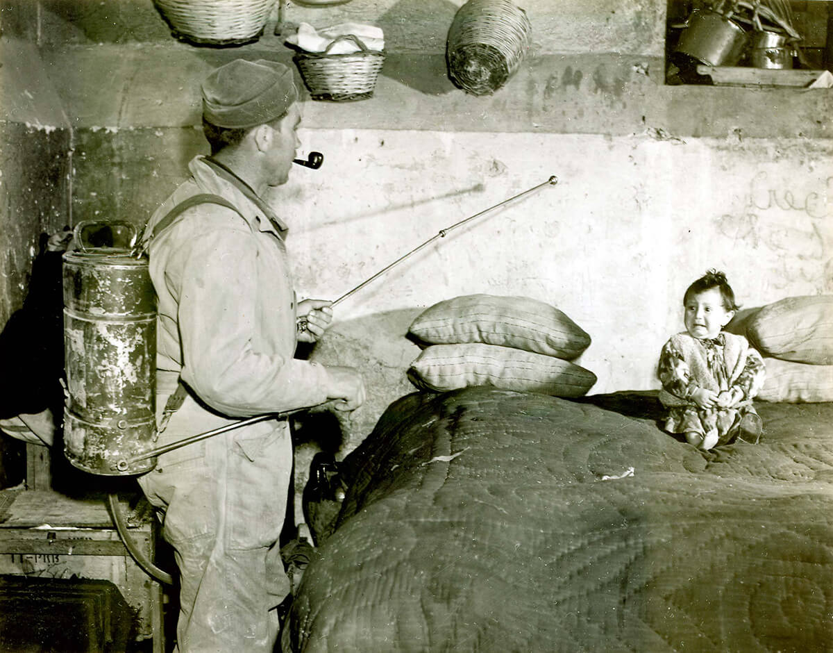 Spraying interior of Italian houses with 10% DDT and kerosene for malaria control, 32nd Field Hospital, Unit B Installation, February 26, 1945. Image by Flickr user Otis Historical Archives National Museum of Health and Medicine. Creative Commons license CC BY 2.0. Spraying interior of Italian houses with 10% DDT and kerosene for malaria control, 32nd Field Hospital, Unit B Installation, February 26, 1945. Image by Flickr user Otis Historical Archives National Museum of Health and Medicine. Creative Commons license CC BY 2.0.