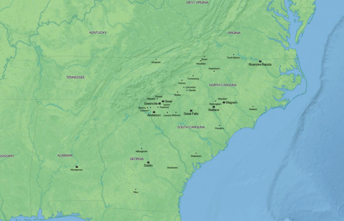 J. P. Stevens Mills Locations and Employees in the Mid-1970s. This map displays locations in Alabama, Georgia, North Carolina, South Carolina, and Tennesse and all Stevens mill locations. J. P. Stevens Mills Locations and Employees in the Mid-1970s. This map displays locations in Alabama, Georgia, North Carolina, South Carolina, and Tennesse and all Stevens mill locations.