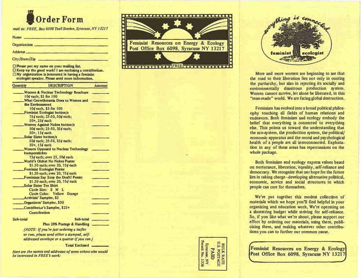 Feminist Resources on Energy & Ecology brochure (Syracuse, NY: Solar Sister). Courtesy of Utica College - Center for Historical Research, Oneida County Black History Archive, and For the Good, Inc.