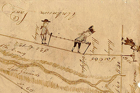Detail of "Doodle" Plat showing a drawing of land surveyors, from a plat of Georgia land granted to William Few, ca. 1784. Courtesy of the Ad Hoc collection, Georgia Archives, University System of Georgia. Detail of "Doodle" Plat showing a drawing of land surveyors, from a plat of Georgia land granted to William Few, ca. 1784. Courtesy of the Ad Hoc collection, Georgia Archives, University System of Georgia.