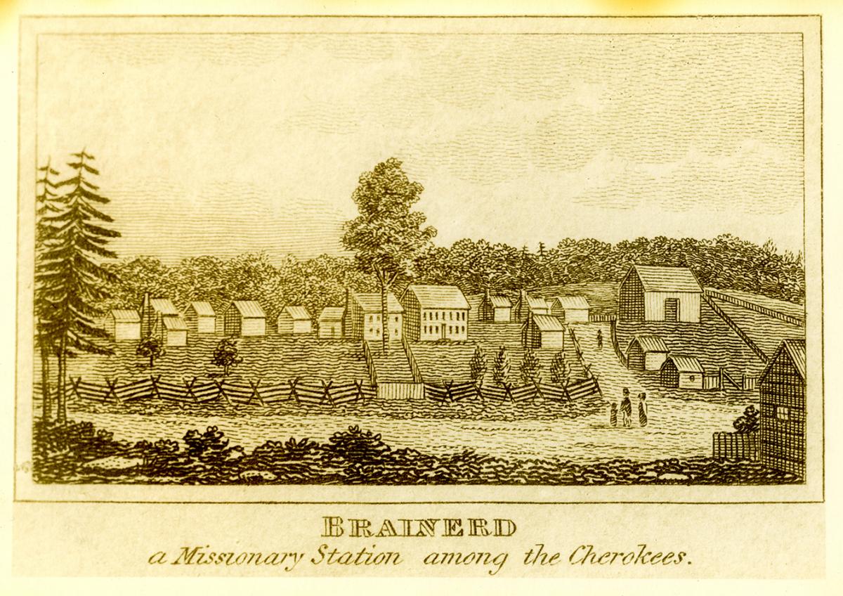 Brainerd: A Missionary Station Among the Cherokees (in Tennessee). Print of a woodcut by unknown creator. Courtesy of the Penelope Johnson Allen Brainerd Mission Correspondence and Photographs collection, University of Tennessee at Chattanooga. Brainerd: A Missionary Station Among the Cherokees (in Tennessee). Print of a woodcut by unknown creator. Courtesy of the Penelope Johnson Allen Brainerd Mission Correspondence and Photographs collection, University of Tennessee at Chattanooga.
