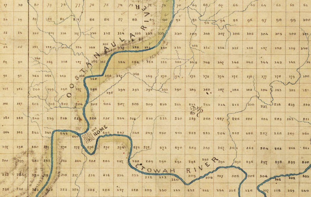 Detail of Map of Floyd County, 1871. Map published by William Philllips. Courtesy of County Maps collection, Georgia Archives, University System of Georgia. Detail of Map of Floyd County, 1871. Map published by William Philllips. Courtesy of County Maps collection, Georgia Archives, University System of Georgia.