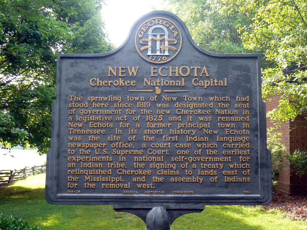 New Echota: Cherokee National Capital, Calhoun, Georgia, June 19, 2008. Photograph by Flickr user Ashe. Creative Commons license CC BY-NC-ND-2.0. New Echota: Cherokee National Capital, Calhoun, Georgia, June 19, 2008. Photograph by Flickr user Ashe. Creative Commons license CC BY-NC-ND-2.0.