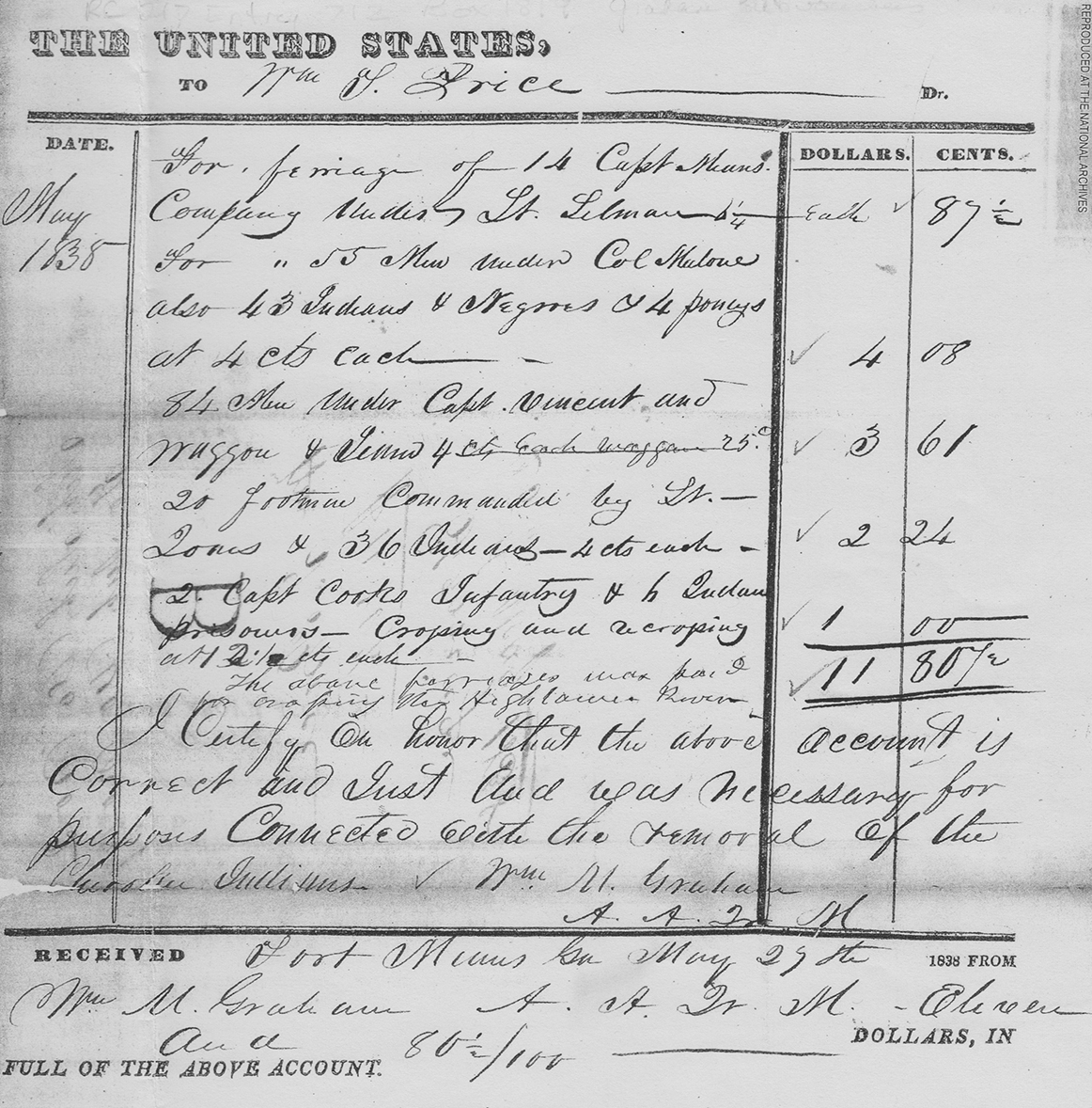 William Graham voucher 139 payment for ferriage to William T. Price, May 29, 1838. RG 217, Entry 712, Box 1819, National Archives. Image provided by Sarah H. Hill. William Graham voucher 139 payment for ferriage to William T. Price, May 29, 1838. RG 217, Entry 712, Box 1819, National Archives. Image provided by Sarah H. Hill.