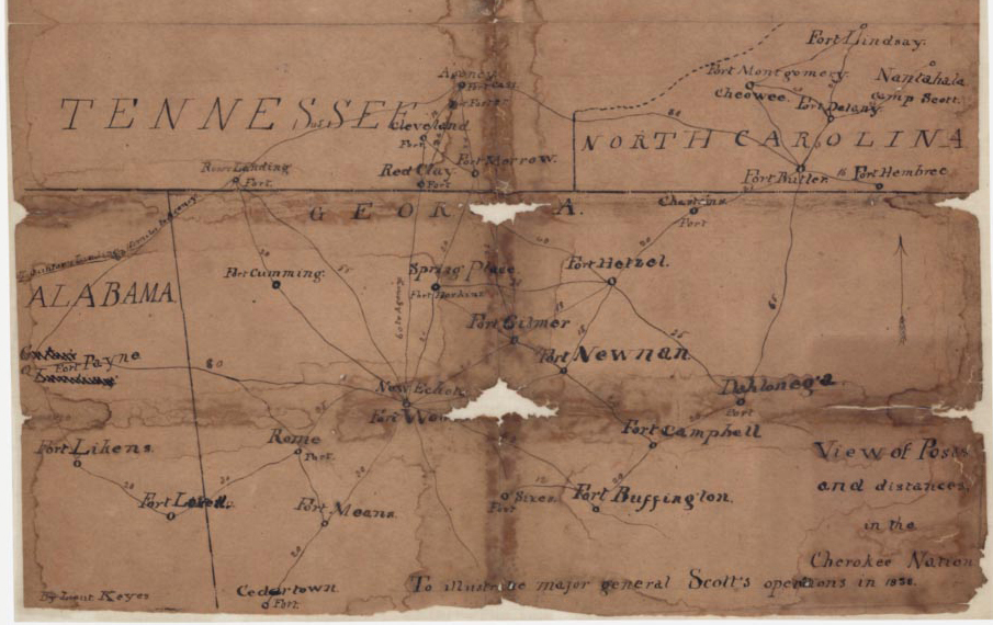 View of Posts & Distances in the Cherokee nation, to illustrate Maj. General Scott's operations, December 15, 1838. Map by Lt. Erasmus Darwin Keyes, approximating the locations of and distances between removal posts in the Cherokee Nation. Courtesy of the U.S. National Archives and Records Administration. View of Posts & Distances in the Cherokee nation, to illustrate Maj. General Scott's operations, December 15, 1838. Map by Lt. Erasmus Darwin Keyes, approximating the locations of and distances between removal posts in the Cherokee Nation. Courtesy of the U.S. National Archives and Records Administration.