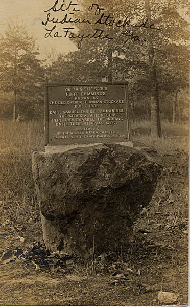 Site of Fort Cummings Indian Stockade, LaFayette, Georgia. Postcard by unknown creator. Courtesy of the Historic Postcards collection, Georgia Archives, University System of Georgia. Site of Fort Cummings Indian Stockade, LaFayette, Georgia. Postcard by unknown creator. Courtesy of the Historic Postcards collection, Georgia Archives, University System of Georgia.